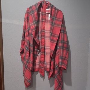 Red Plaid Open Front Cardigan
